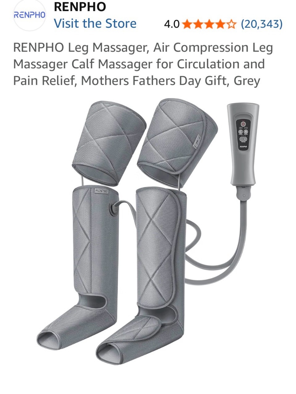 RENPHO Grey Air Compression Leg Massager with Controller Never Used
